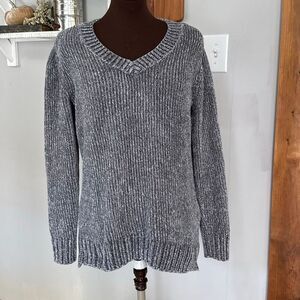Orvis chenille v neck sweater womens size medium gray cozy soft warm comfy winte